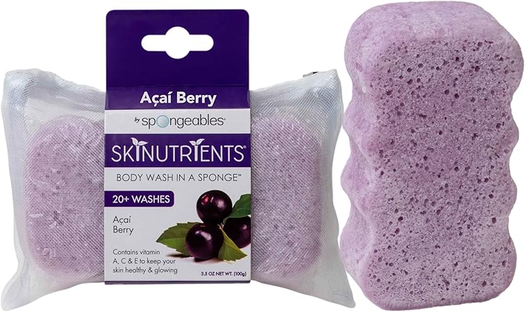 Spongeables Skinutrients Body Wash in a Sponge, Acai Berry, With Bonus Travel Bag, 20+ Washes, 3.5 oz Sponge - Image 2